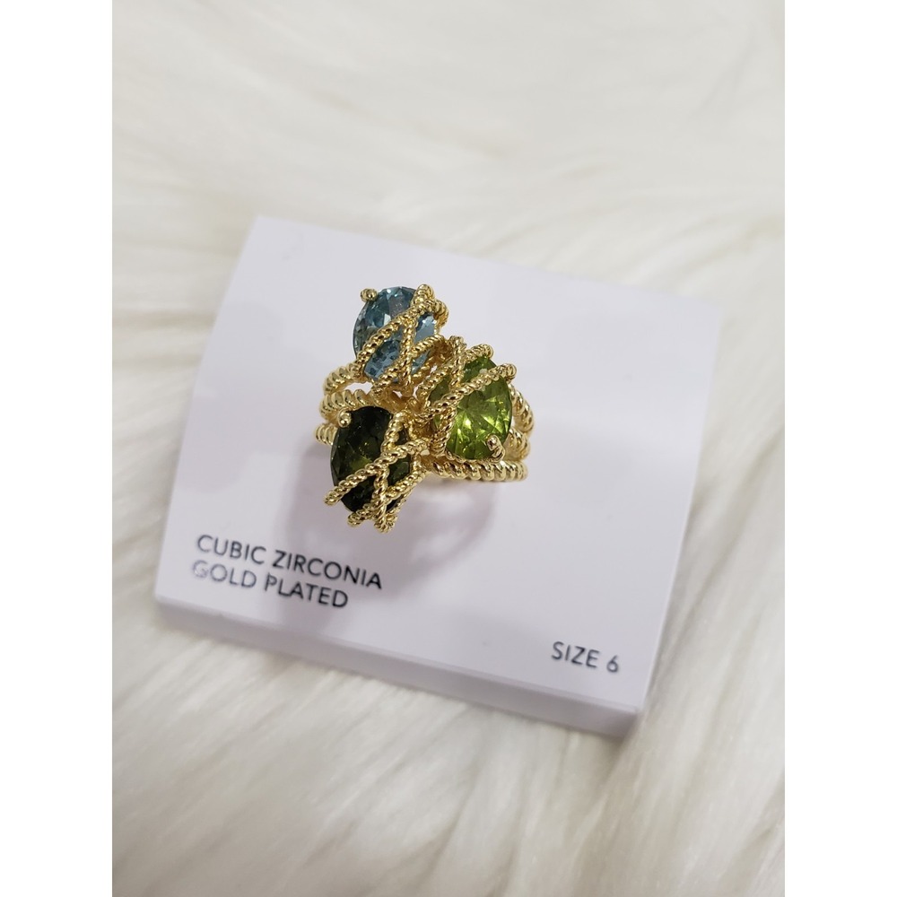 CHARTER CLUB Rope Wrapped Green Blue Stone Trio Gold Tone Ring Size 6 WANDERLUST